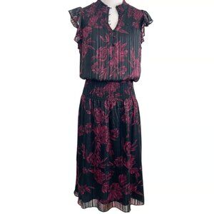 WHBM Sleeveless Smocked Waist Ruffle sleeve floral Blouson Dress XXS black